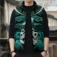 Personalised Maori Matariki Manaia Turquoise Sleeveless Puffer Jacket Maori Kowhaiwhai Pattern Galaxy