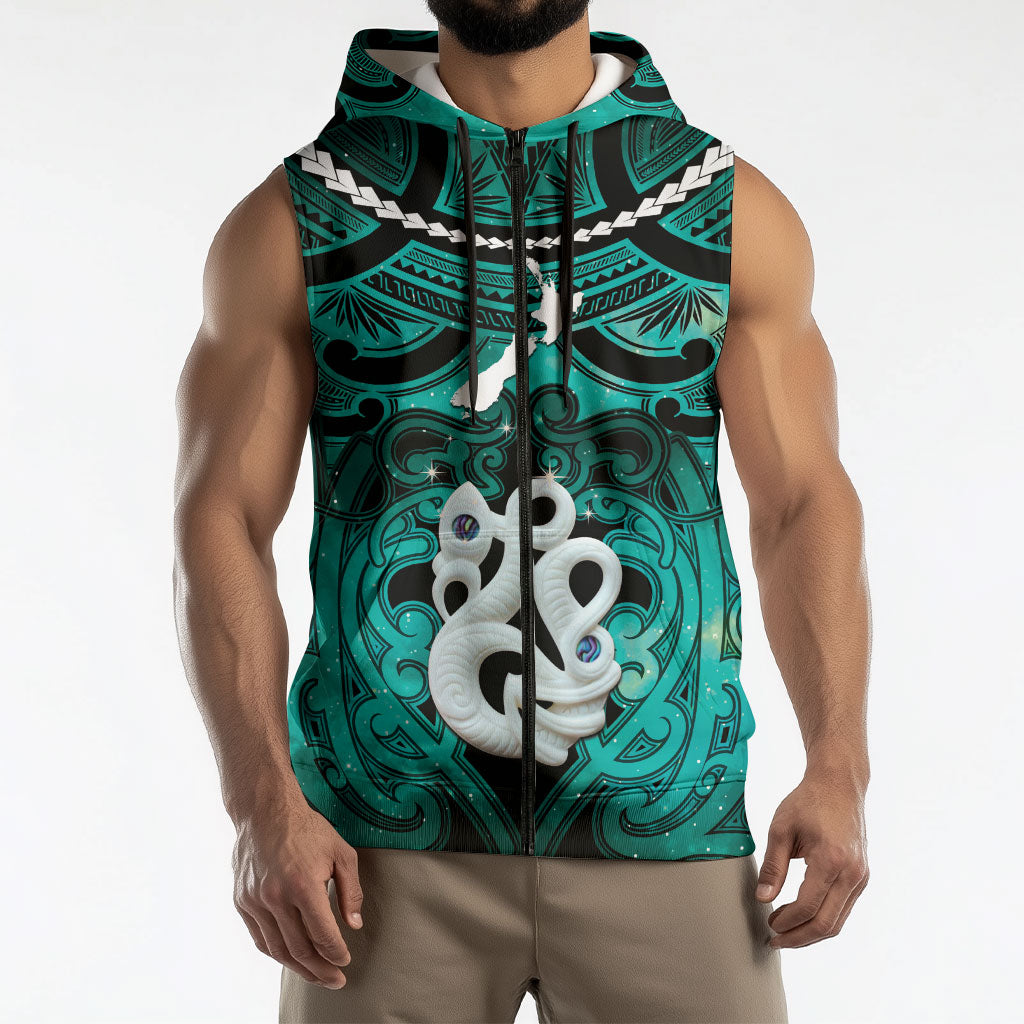 Personalised Maori Matariki Manaia Turquoise Sleeveless Zip Hoodie Maori Kowhaiwhai Pattern Galaxy