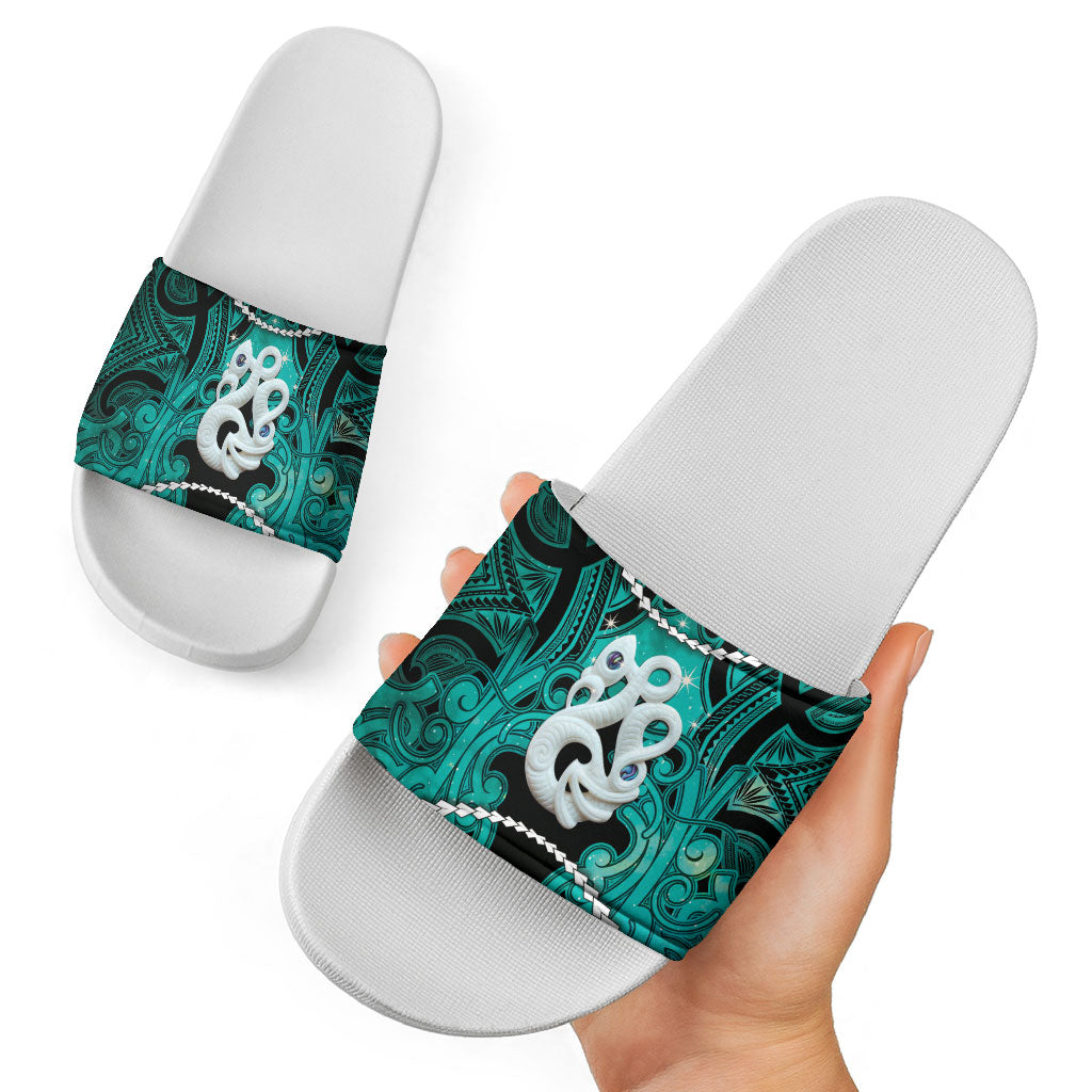 Maori Matariki Manaia Turquoise Slide Sandals Maori Kowhaiwhai Pattern Galaxy