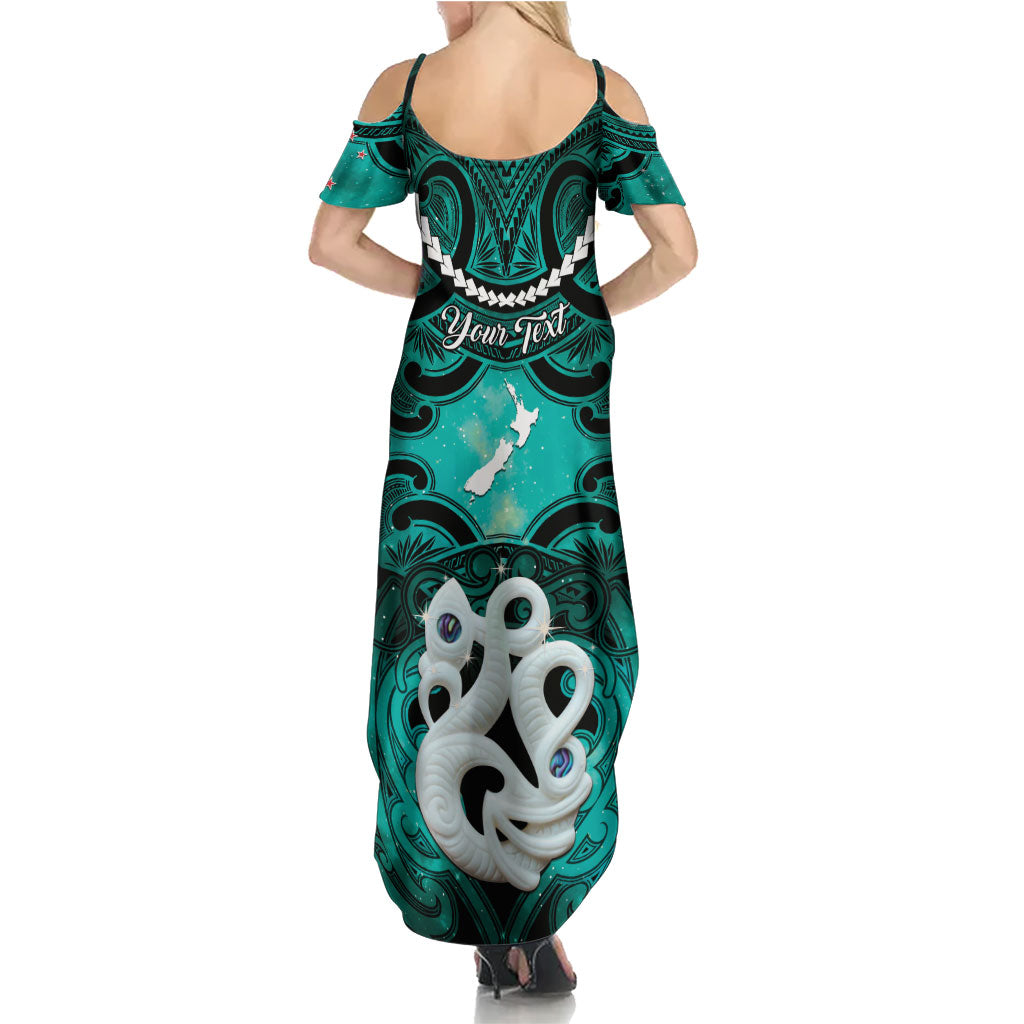 Personalised Maori Matariki Manaia Turquoise Summer Maxi Dress Maori Kowhaiwhai Pattern Galaxy