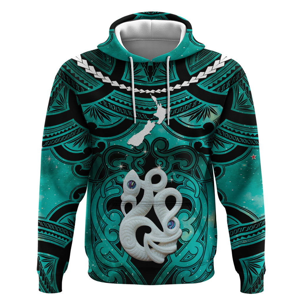 Personalised Maori Matariki Manaia Turquoise Zip Hoodie Maori Kowhaiwhai Pattern Galaxy LT01 Pullover Hoodie Turquoise - Polynesian Pride