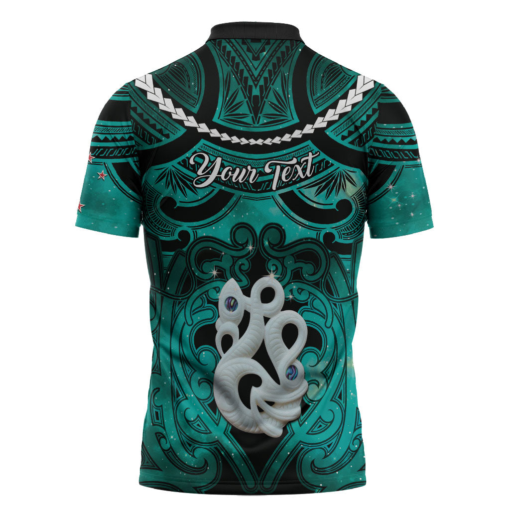 Personalised Maori Matariki Manaia Turquoise Zipper Polo Shirt Maori Kowhaiwhai Pattern Galaxy