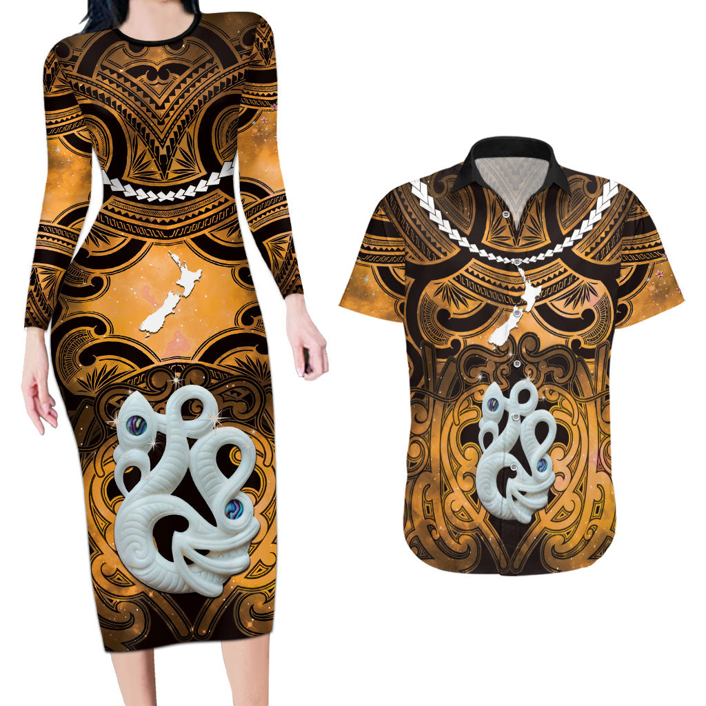 Personalised Maori Matariki Manaia Kowhai Couples Matching Long Sleeve Bodycon Dress and Hawaiian Shirt Maori Kowhaiwhai Pattern Galaxy LT01 Yellow - Polynesian Pride