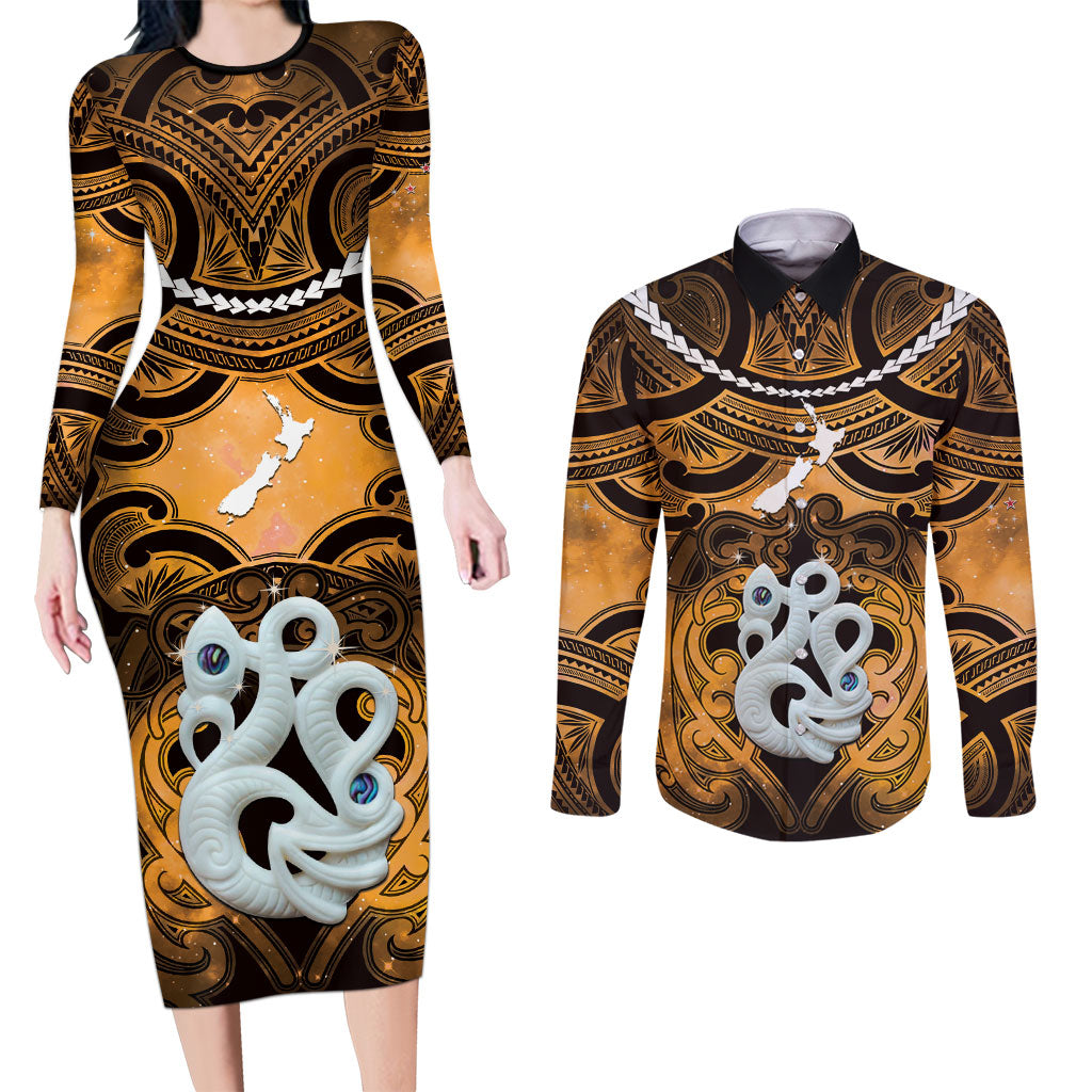 Personalised Maori Matariki Manaia Kowhai Couples Matching Long Sleeve Bodycon Dress and Long Sleeve Button Shirt Maori Kowhaiwhai Pattern Galaxy