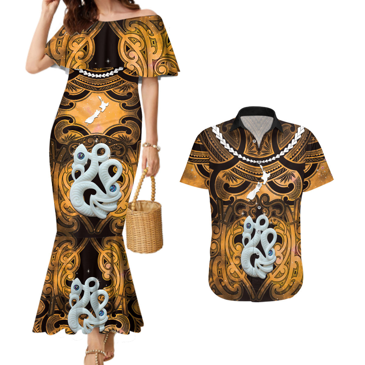 Personalised Maori Matariki Manaia Kowhai Couples Matching Mermaid Dress and Hawaiian Shirt Maori Kowhaiwhai Pattern Galaxy LT01 Yellow - Polynesian Pride