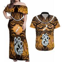 Personalised Maori Matariki Manaia Kowhai Couples Matching Off Shoulder Maxi Dress and Hawaiian Shirt Maori Kowhaiwhai Pattern Galaxy