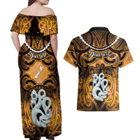 Personalised Maori Matariki Manaia Kowhai Couples Matching Off Shoulder Maxi Dress and Hawaiian Shirt Maori Kowhaiwhai Pattern Galaxy
