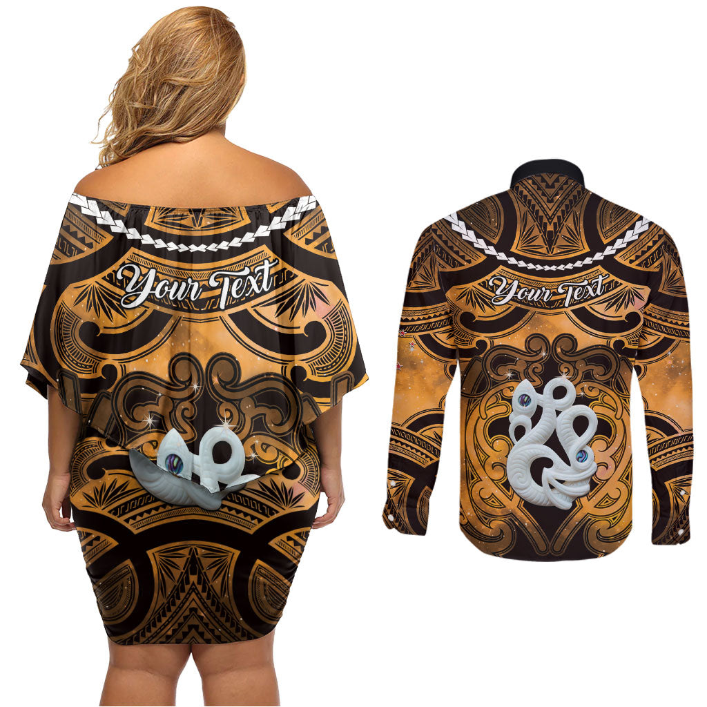 Personalised Maori Matariki Manaia Kowhai Couples Matching Off Shoulder Short Dress and Long Sleeve Button Shirt Maori Kowhaiwhai Pattern Galaxy