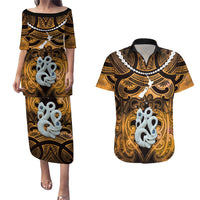 Personalised Maori Matariki Manaia Kowhai Couples Matching Puletasi and Hawaiian Shirt Maori Kowhaiwhai Pattern Galaxy