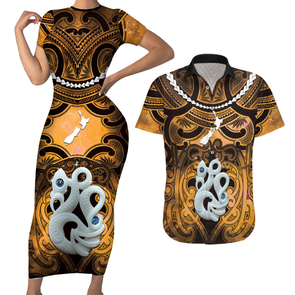 Personalised Maori Matariki Manaia Kowhai Couples Matching Short Sleeve Bodycon Dress and Hawaiian Shirt Maori Kowhaiwhai Pattern Galaxy LT01 Yellow - Polynesian Pride