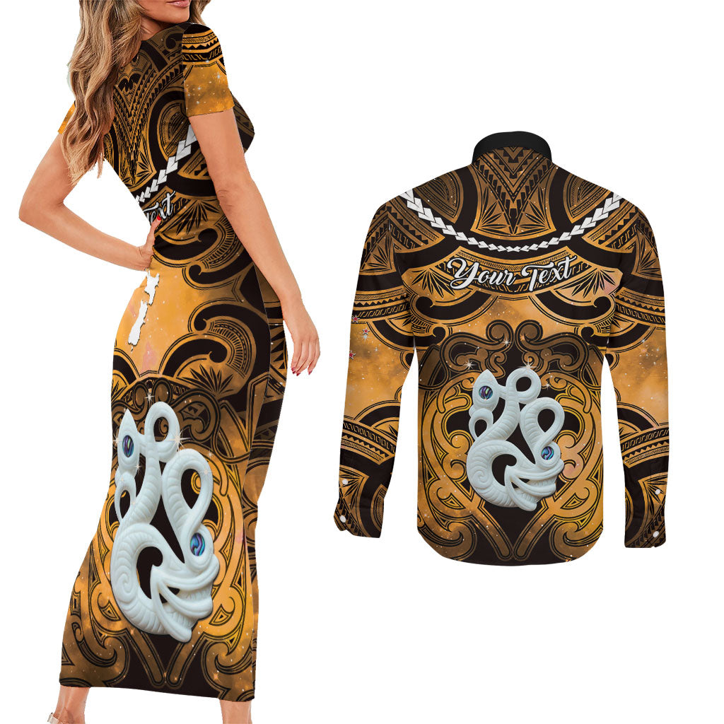 Personalised Maori Matariki Manaia Kowhai Couples Matching Short Sleeve Bodycon Dress and Long Sleeve Button Shirt Maori Kowhaiwhai Pattern Galaxy
