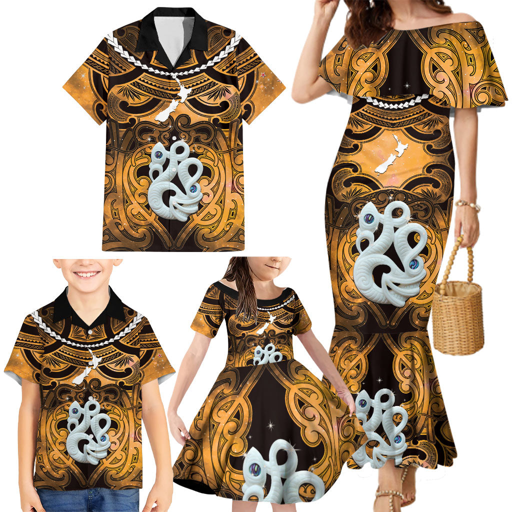 Personalised Maori Matariki Manaia Kowhai Family Matching Mermaid Dress and Hawaiian Shirt Maori Kowhaiwhai Pattern Galaxy LT01 - Polynesian Pride