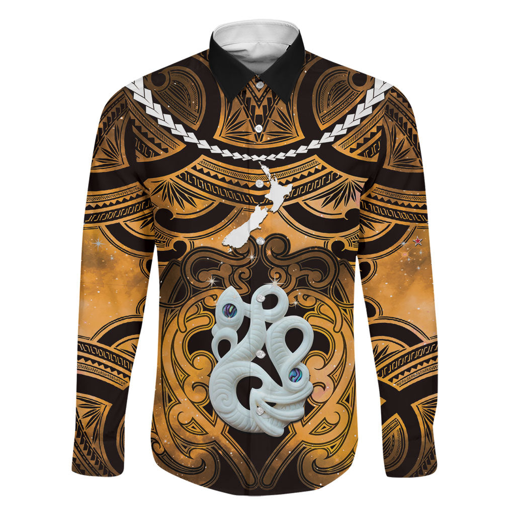 Personalised Maori Matariki Manaia Kowhai Family Matching Mermaid Dress and Hawaiian Shirt Maori Kowhaiwhai Pattern Galaxy LT01 Dad's Shirt - Long Sleeve Yellow - Polynesian Pride