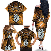 Personalised Maori Matariki Manaia Kowhai Family Matching Off The Shoulder Long Sleeve Dress and Hawaiian Shirt Maori Kowhaiwhai Pattern Galaxy LT01 - Polynesian Pride