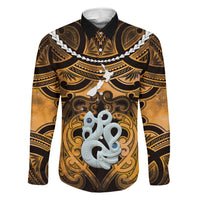 Personalised Maori Matariki Manaia Kowhai Family Matching Off Shoulder Maxi Dress and Hawaiian Shirt Maori Kowhaiwhai Pattern Galaxy LT01 Dad's Shirt - Long Sleeve Yellow - Polynesian Pride