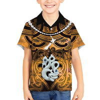 Personalised Maori Matariki Manaia Kowhai Family Matching Off Shoulder Maxi Dress and Hawaiian Shirt Maori Kowhaiwhai Pattern Galaxy LT01 Son's Shirt Yellow - Polynesian Pride