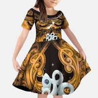 Personalised Maori Matariki Manaia Kowhai Family Matching Off Shoulder Short Dress and Hawaiian Shirt Maori Kowhaiwhai Pattern Galaxy LT01 Daughter's Dress Yellow - Polynesian Pride