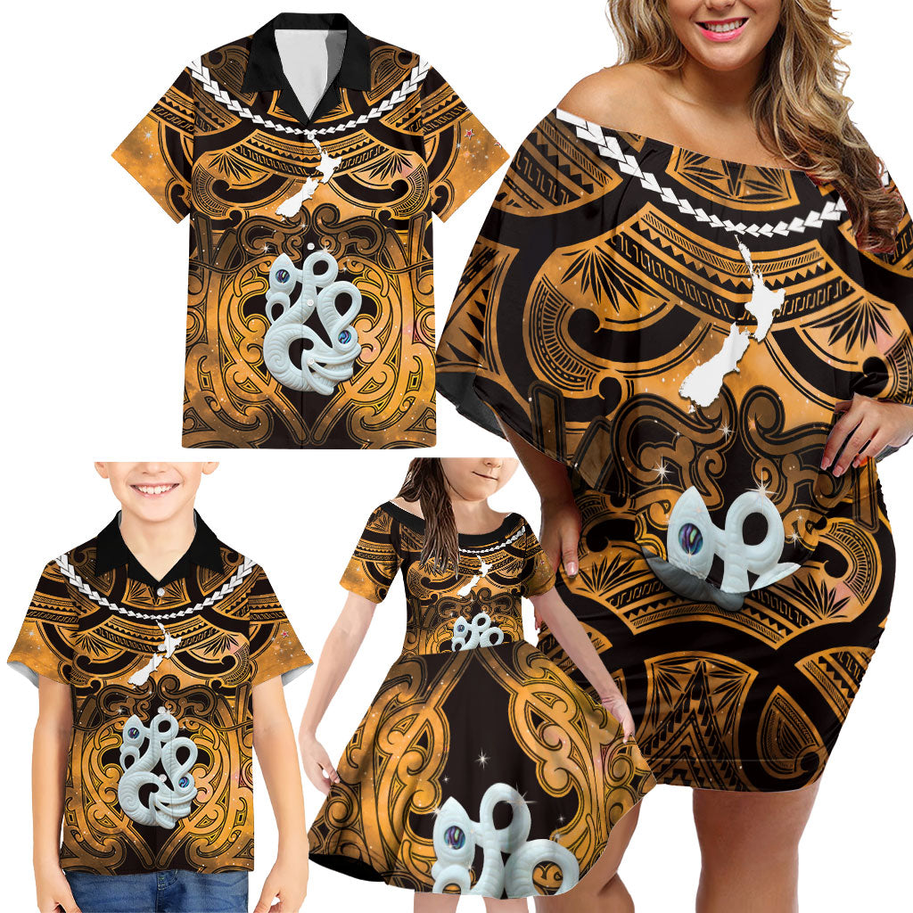 Personalised Maori Matariki Manaia Kowhai Family Matching Off Shoulder Short Dress and Hawaiian Shirt Maori Kowhaiwhai Pattern Galaxy LT01 - Polynesian Pride