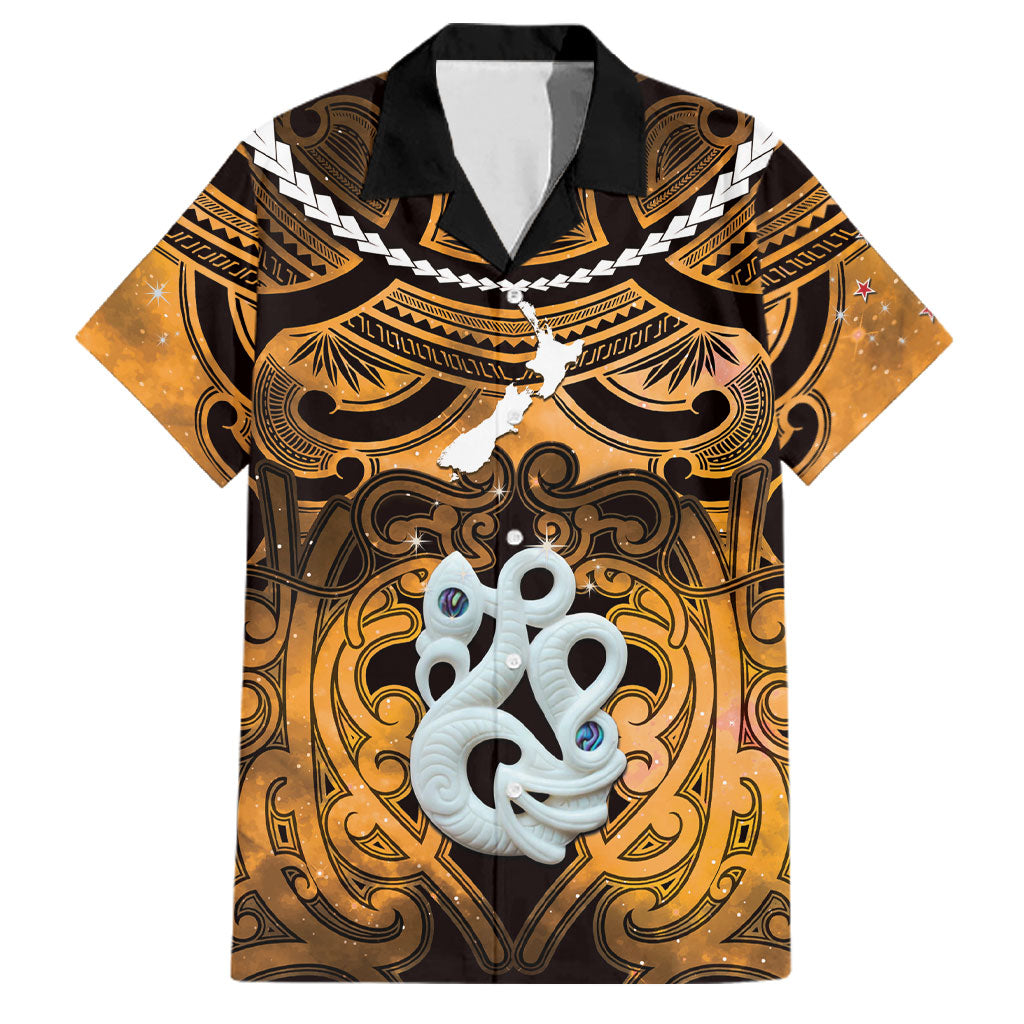 Personalised Maori Matariki Manaia Kowhai Family Matching Off Shoulder Short Dress and Hawaiian Shirt Maori Kowhaiwhai Pattern Galaxy LT01 Dad's Shirt - Short Sleeve Yellow - Polynesian Pride