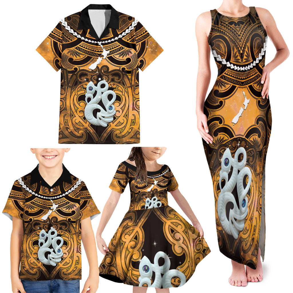 Personalised Maori Matariki Manaia Kowhai Family Matching Tank Maxi Dress and Hawaiian Shirt Maori Kowhaiwhai Pattern Galaxy LT01 - Polynesian Pride