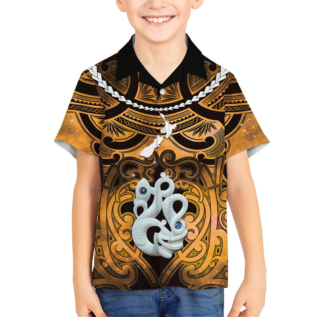 Personalised Maori Matariki Manaia Kowhai Kid Hawaiian Shirt Maori Kowhaiwhai Pattern Galaxy