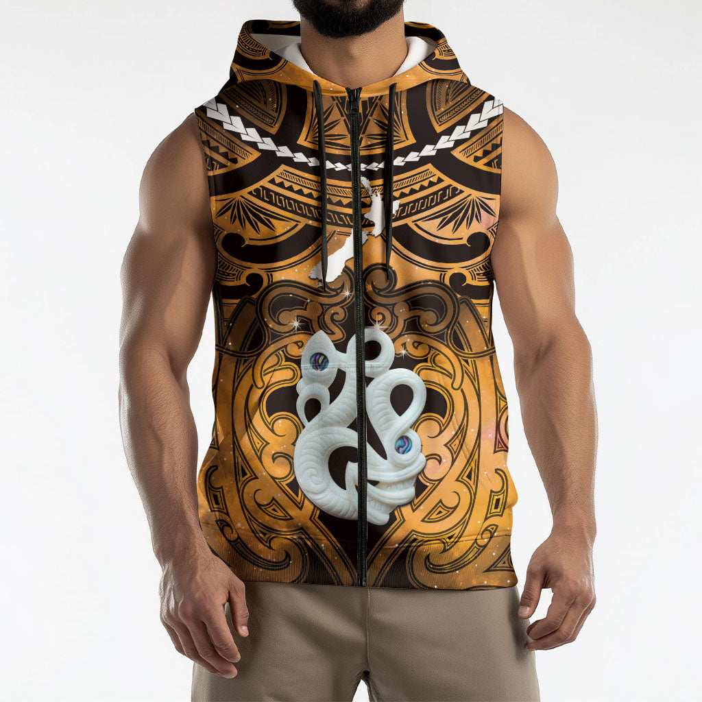 Personalised Maori Matariki Manaia Kowhai Sleeveless Zip Hoodie Maori Kowhaiwhai Pattern Galaxy
