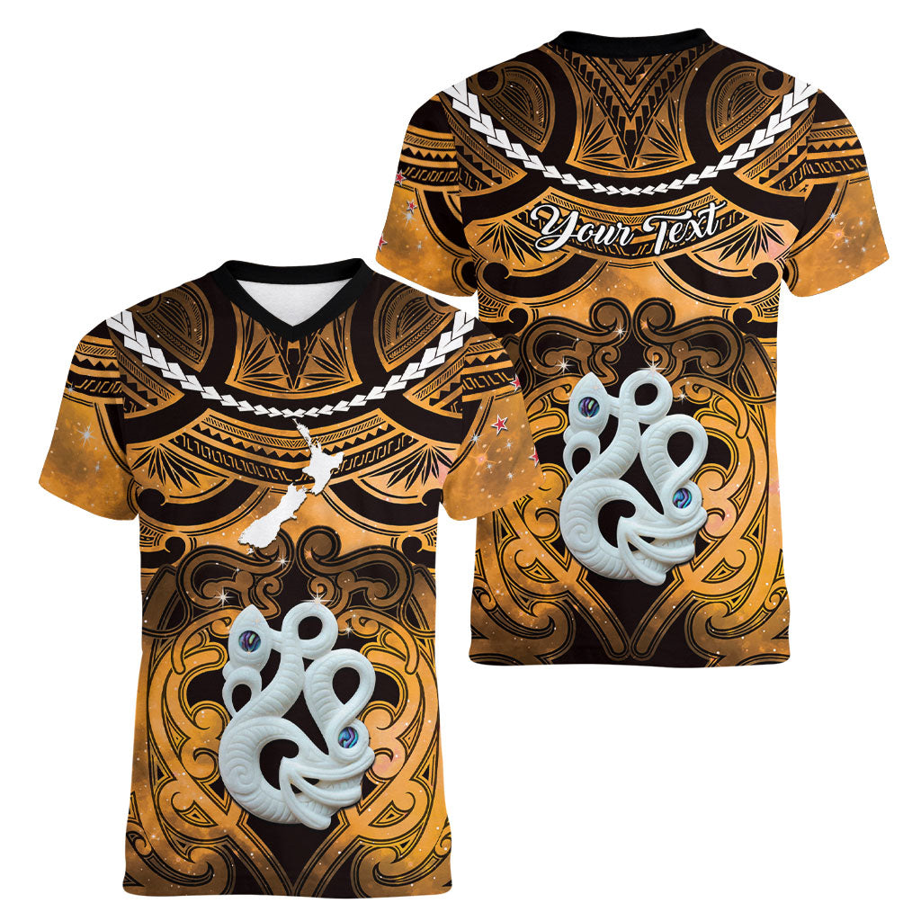 Personalised Maori Matariki Manaia Kowhai Women V-Neck T-Shirt Maori Kowhaiwhai Pattern Galaxy