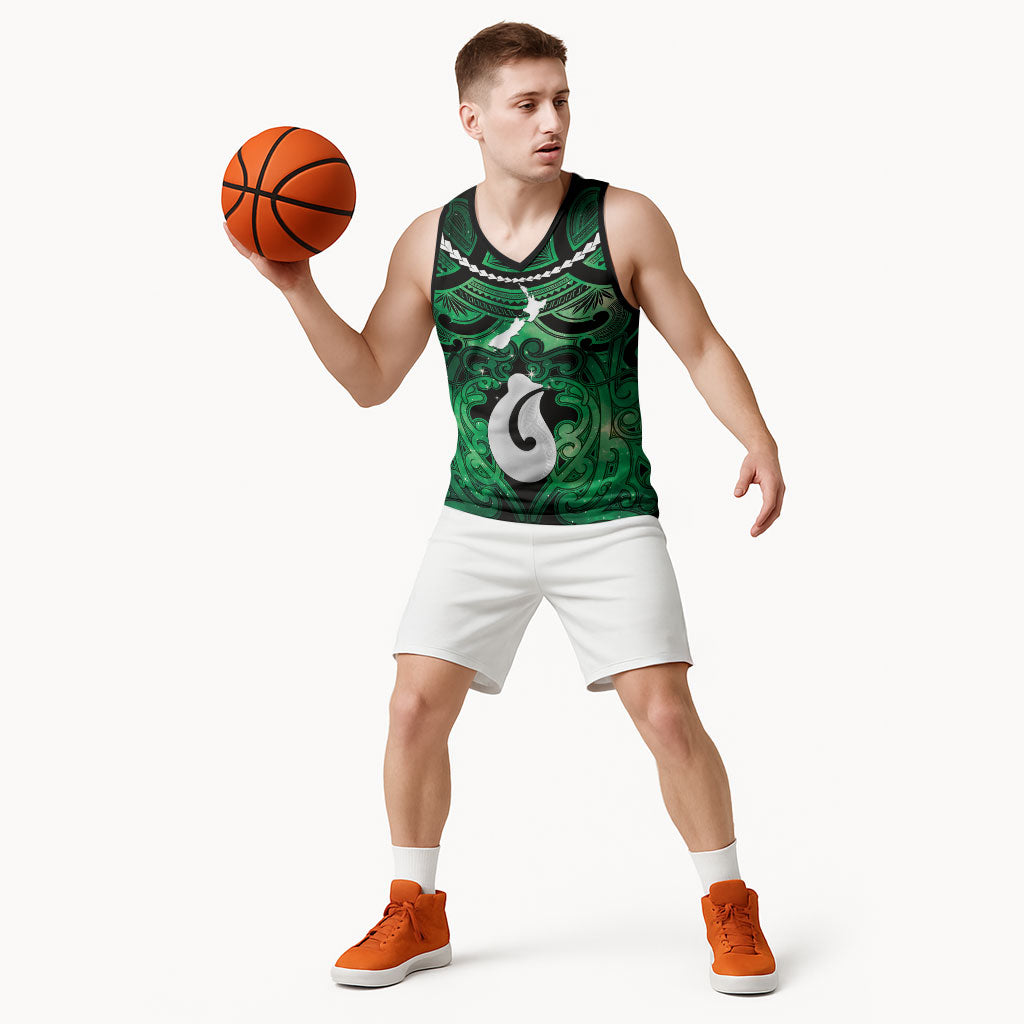 Personalised Maori Matariki Hei Matau Kakariki Basketball Jersey Maori Kowhaiwhai Pattern Galaxy
