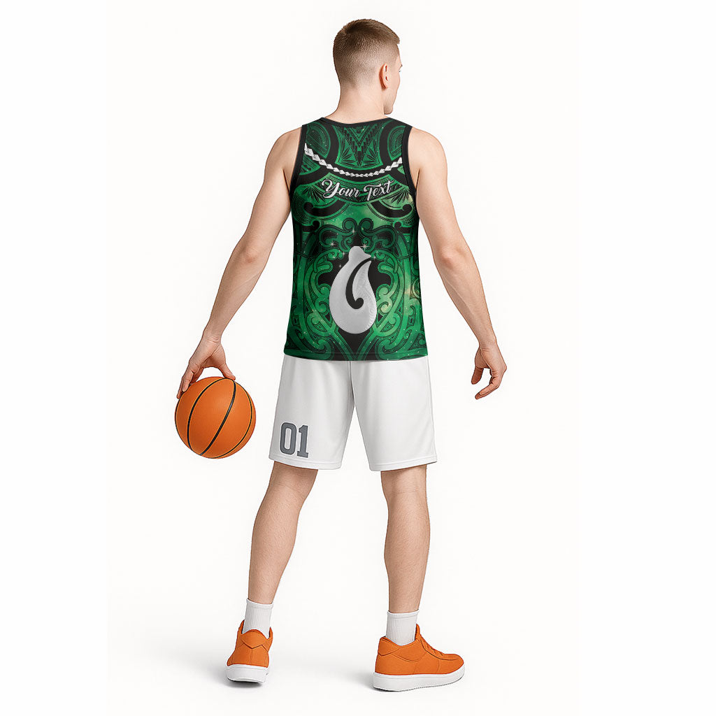 Personalised Maori Matariki Hei Matau Kakariki Basketball Jersey Maori Kowhaiwhai Pattern Galaxy