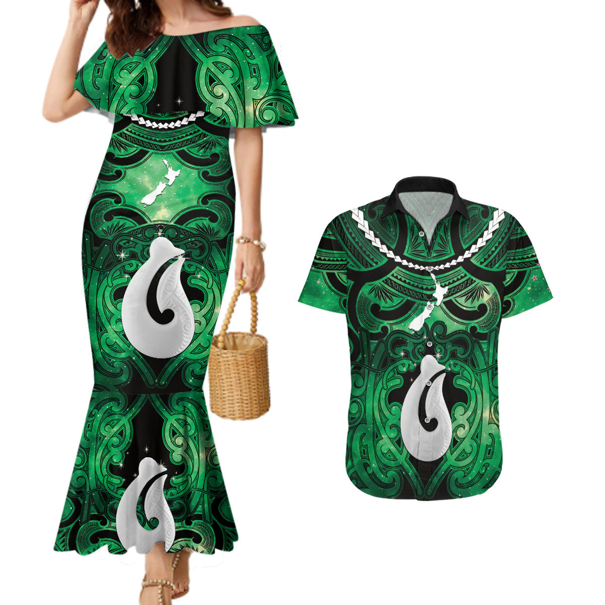 Personalised Maori Matariki Hei Matau Kakariki Couples Matching Mermaid Dress and Hawaiian Shirt Maori Kowhaiwhai Pattern Galaxy LT01 Green - Polynesian Pride