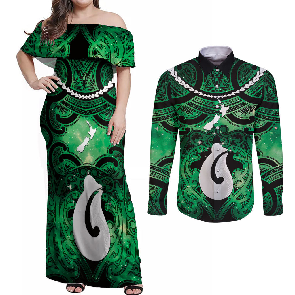 Personalised Maori Matariki Hei Matau Kakariki Couples Matching Off Shoulder Maxi Dress and Long Sleeve Button Shirt Maori Kowhaiwhai Pattern Galaxy