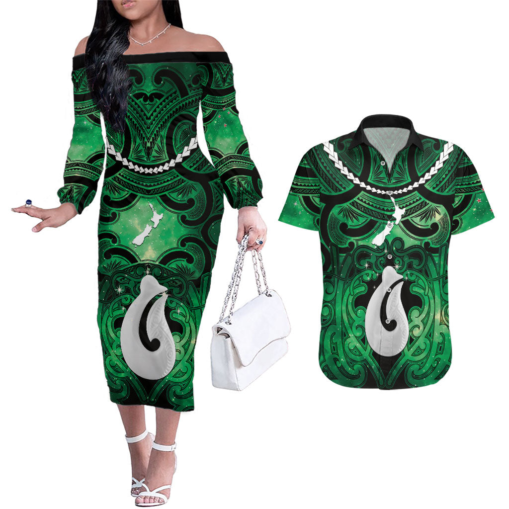 Personalised Maori Matariki Hei Matau Kakariki Couples Matching Off The Shoulder Long Sleeve Dress and Hawaiian Shirt Maori Kowhaiwhai Pattern Galaxy