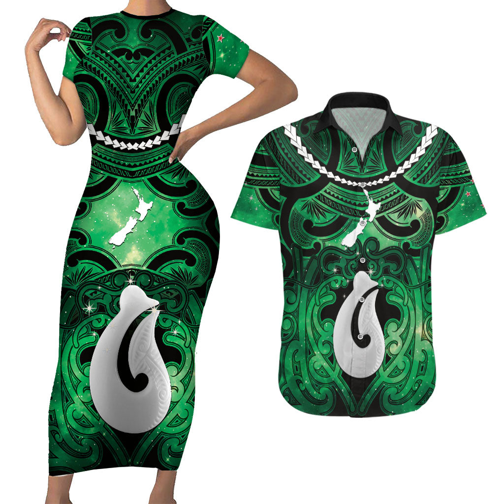 Personalised Maori Matariki Hei Matau Kakariki Couples Matching Short Sleeve Bodycon Dress and Hawaiian Shirt Maori Kowhaiwhai Pattern Galaxy