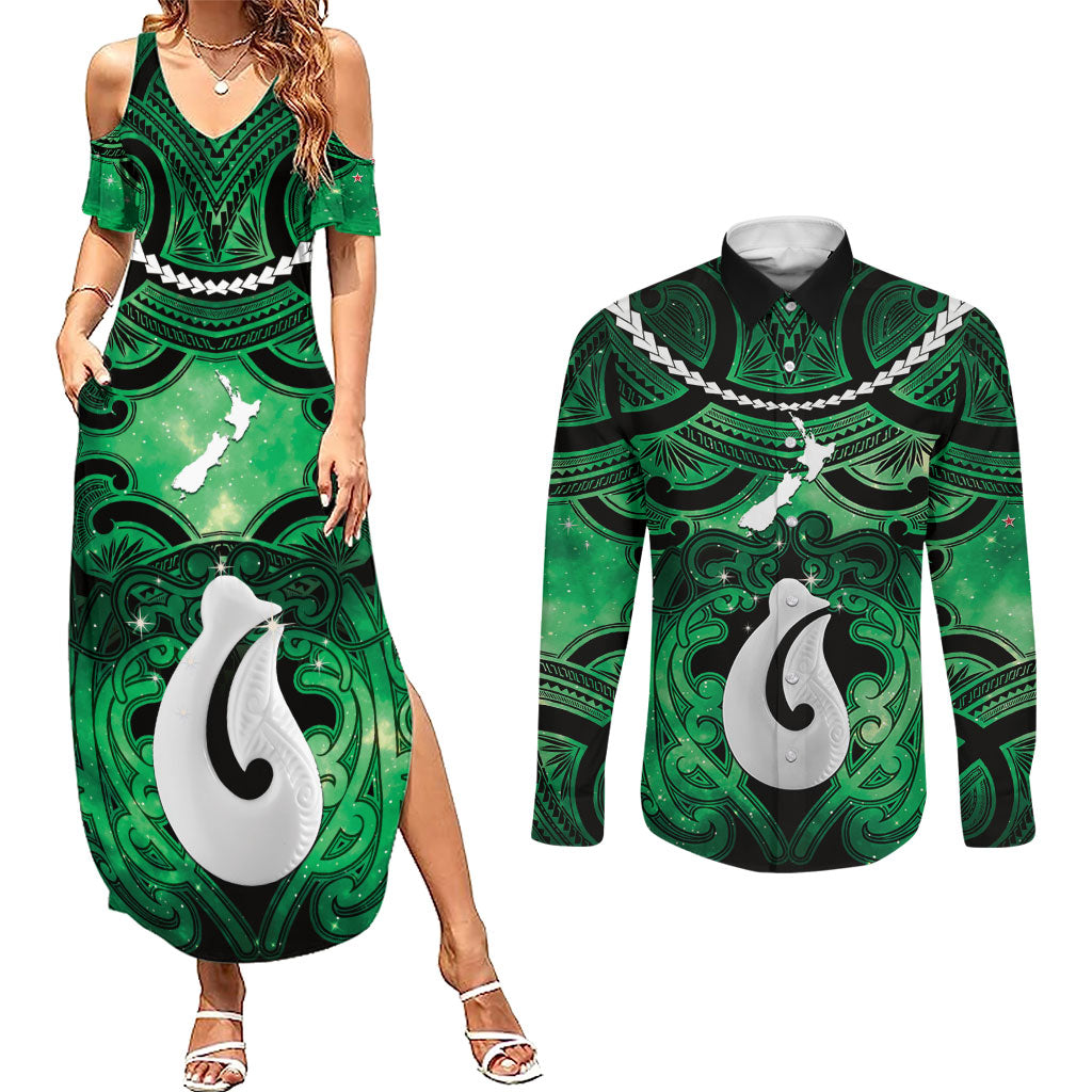 Personalised Maori Matariki Hei Matau Kakariki Couples Matching Summer Maxi Dress and Long Sleeve Button Shirt Maori Kowhaiwhai Pattern Galaxy LT01 Green - Polynesian Pride