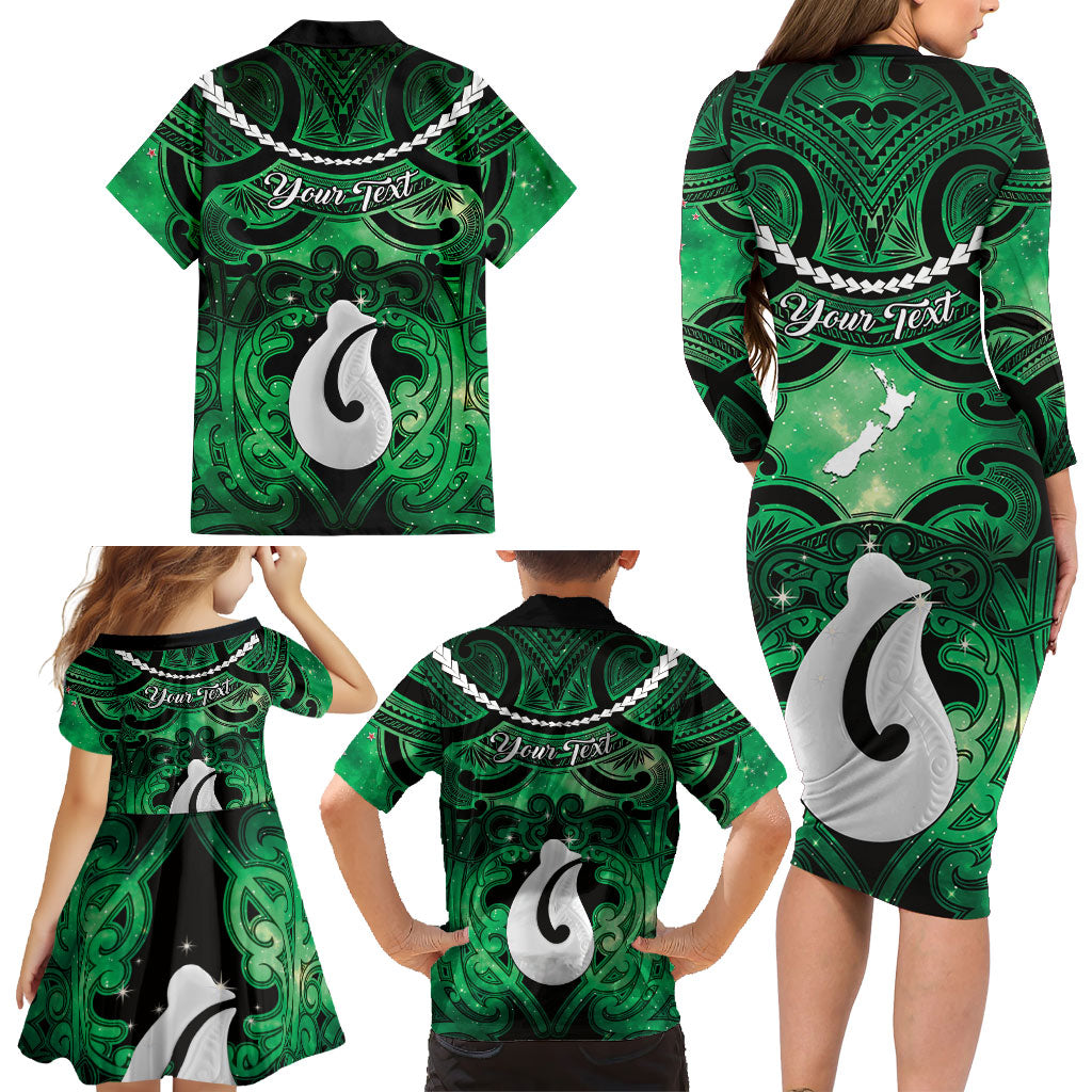 Personalised Maori Matariki Hei Matau Kakariki Family Matching Long Sleeve Bodycon Dress and Hawaiian Shirt Maori Kowhaiwhai Pattern Galaxy LT01 - Polynesian Pride