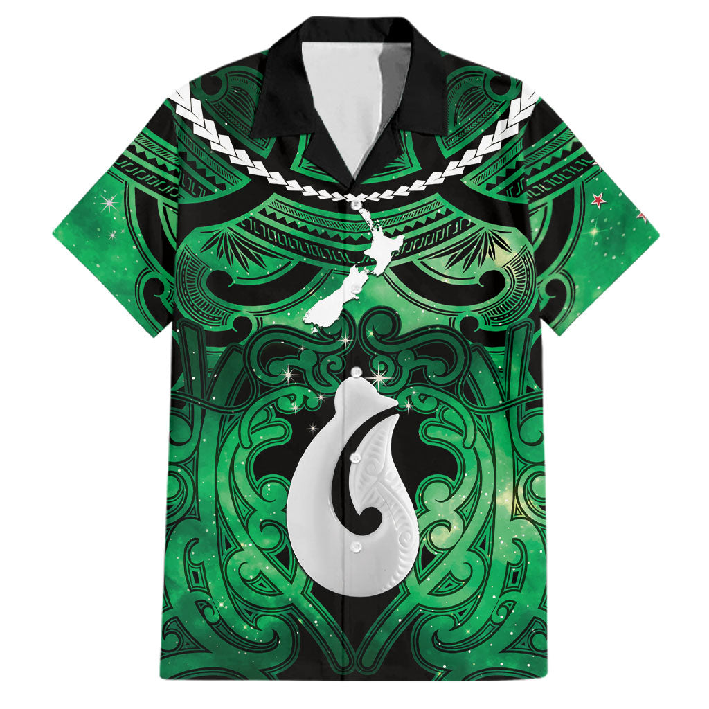 Personalised Maori Matariki Hei Matau Kakariki Family Matching Mermaid Dress and Hawaiian Shirt Maori Kowhaiwhai Pattern Galaxy LT01 Dad's Shirt - Short Sleeve Green - Polynesian Pride
