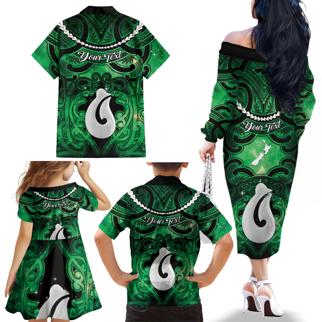 Personalised Maori Matariki Hei Matau Kakariki Family Matching Off The Shoulder Long Sleeve Dress and Hawaiian Shirt Maori Kowhaiwhai Pattern Galaxy LT01 - Polynesian Pride