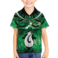 Personalised Maori Matariki Hei Matau Kakariki Family Matching Off The Shoulder Long Sleeve Dress and Hawaiian Shirt Maori Kowhaiwhai Pattern Galaxy LT01 Son's Shirt Green - Polynesian Pride