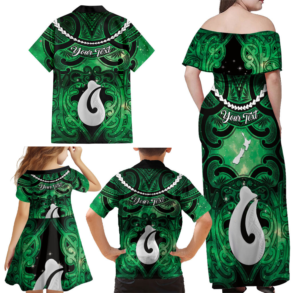 Personalised Maori Matariki Hei Matau Kakariki Family Matching Off Shoulder Maxi Dress and Hawaiian Shirt Maori Kowhaiwhai Pattern Galaxy LT01 - Polynesian Pride