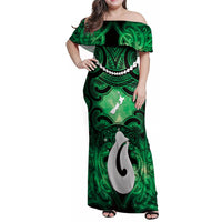 Personalised Maori Matariki Hei Matau Kakariki Family Matching Off Shoulder Maxi Dress and Hawaiian Shirt Maori Kowhaiwhai Pattern Galaxy LT01 Mom's Dress Green - Polynesian Pride