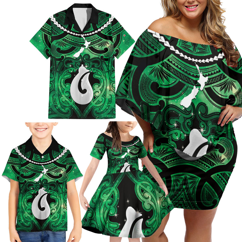 Personalised Maori Matariki Hei Matau Kakariki Family Matching Off Shoulder Short Dress and Hawaiian Shirt Maori Kowhaiwhai Pattern Galaxy