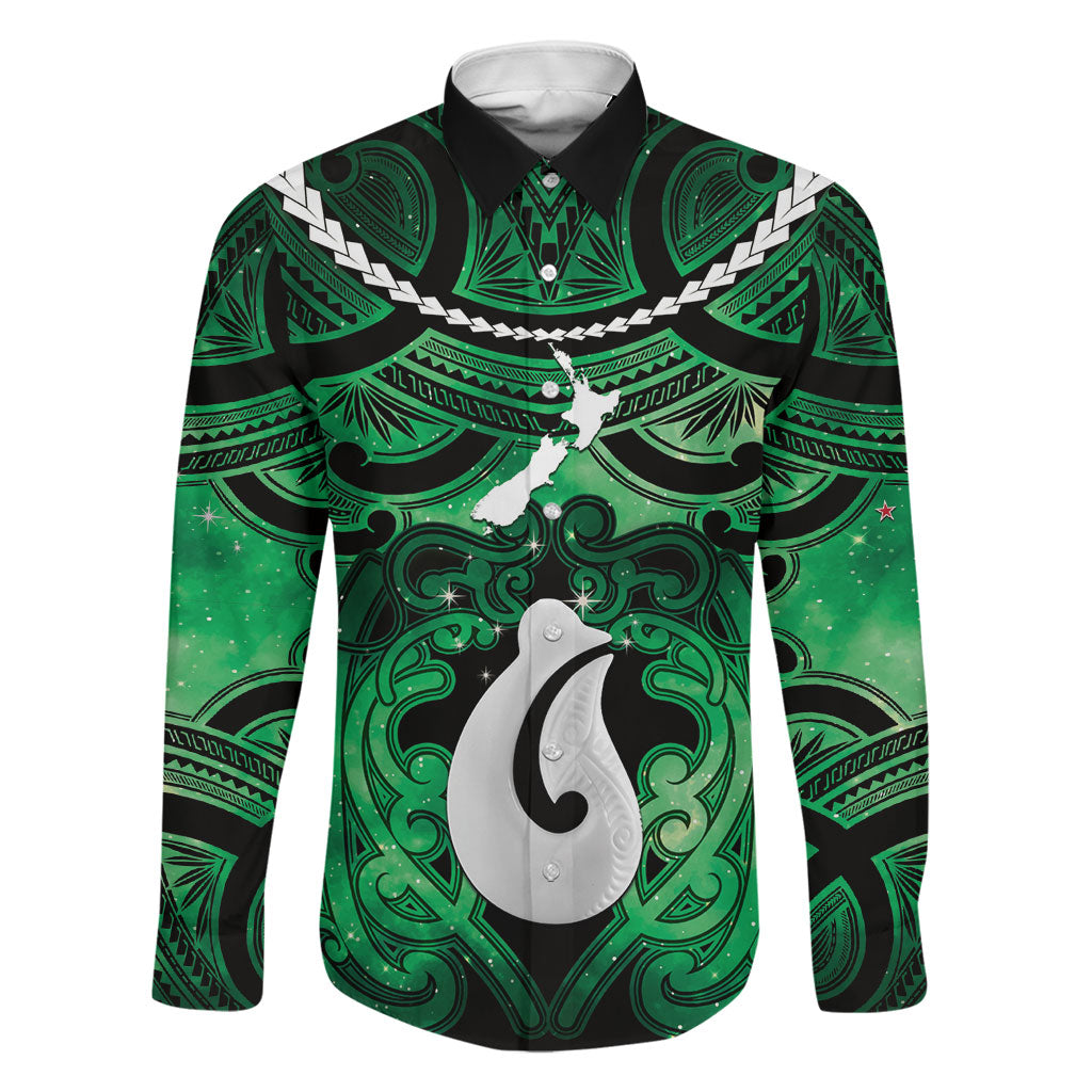 Personalised Maori Matariki Hei Matau Kakariki Family Matching Puletasi and Hawaiian Shirt Maori Kowhaiwhai Pattern Galaxy LT01 Dad's Shirt - Long Sleeve Green - Polynesian Pride