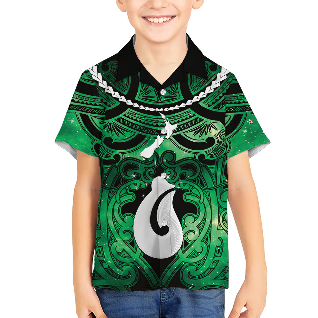 Personalised Maori Matariki Hei Matau Kakariki Family Matching Puletasi and Hawaiian Shirt Maori Kowhaiwhai Pattern Galaxy LT01 Son's Shirt Green - Polynesian Pride