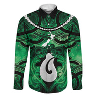 Personalised Maori Matariki Hei Matau Kakariki Family Matching Tank Maxi Dress and Hawaiian Shirt Maori Kowhaiwhai Pattern Galaxy LT01 Dad's Shirt - Long Sleeve Green - Polynesian Pride