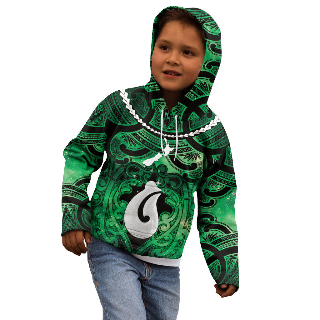 Personalised Maori Matariki Hei Matau Kakariki Kid Hoodie Maori Kowhaiwhai Pattern Galaxy