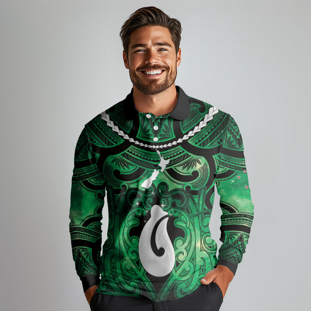 Personalised Maori Matariki Hei Matau Kakariki Long Sleeve Polo Shirt Maori Kowhaiwhai Pattern Galaxy