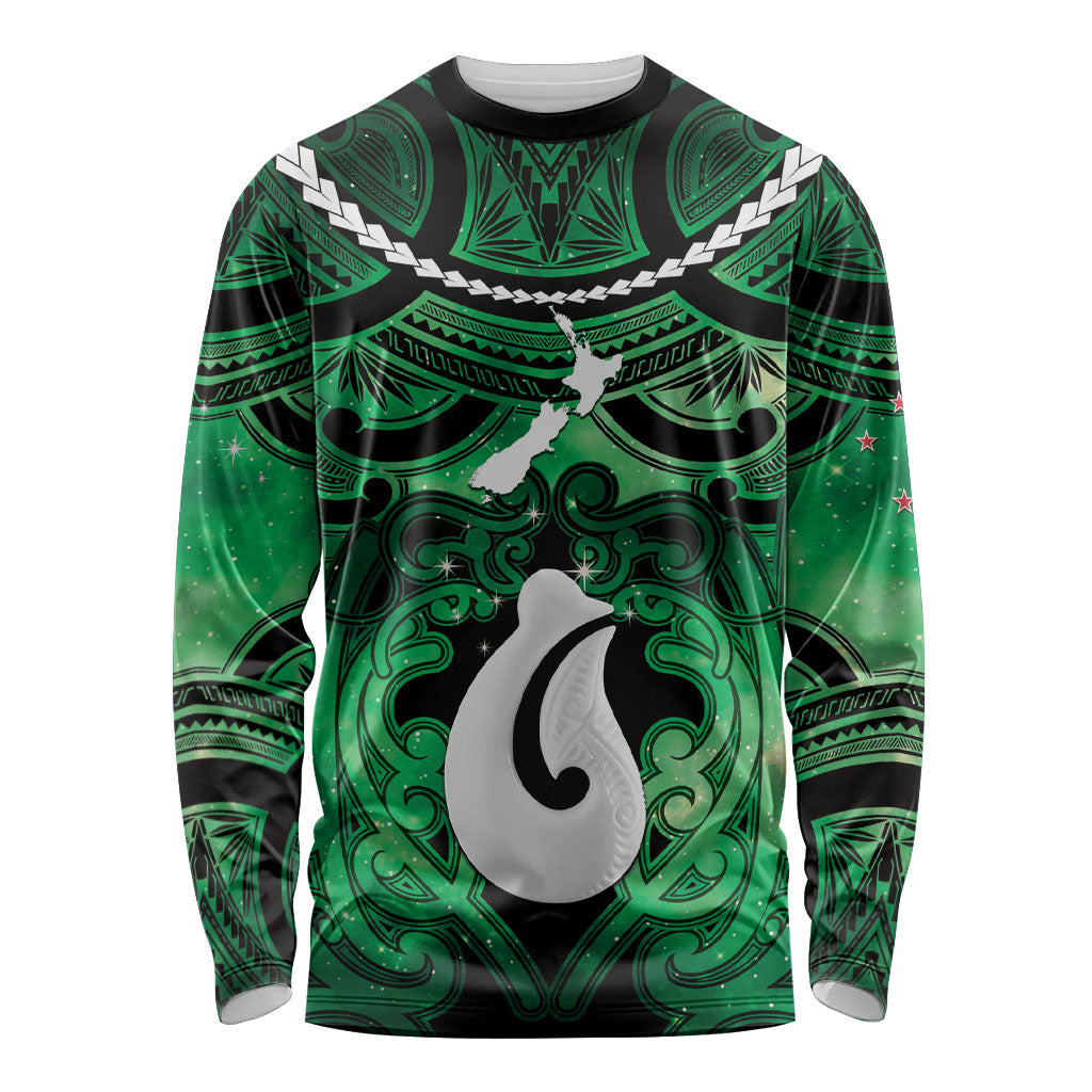 Personalised Maori Matariki Hei Matau Kakariki Long Sleeve Shirt Maori Kowhaiwhai Pattern Galaxy