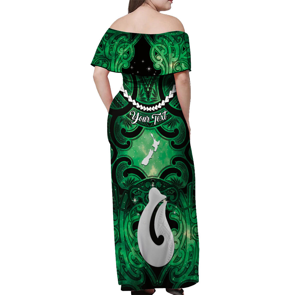 Personalised Maori Matariki Hei Matau Kakariki Off Shoulder Maxi Dress Maori Kowhaiwhai Pattern Galaxy