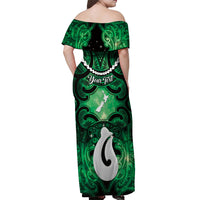Personalised Maori Matariki Hei Matau Kakariki Off Shoulder Maxi Dress Maori Kowhaiwhai Pattern Galaxy