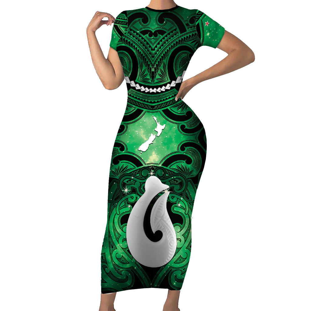 Personalised Maori Matariki Hei Matau Kakariki Short Sleeve Bodycon Dress Maori Kowhaiwhai Pattern Galaxy